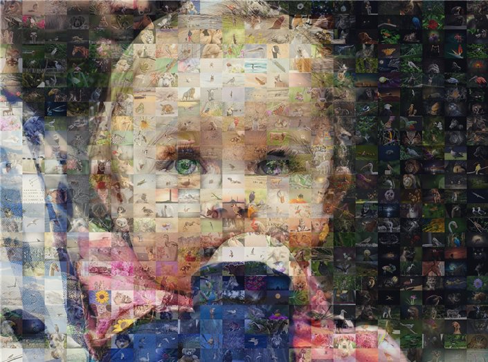 Photo mosaic of a child made from many photos